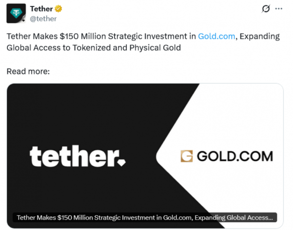Tether вложила $150 млн в платформу для торговли драгметаллами Gold.com
Tether вложила $150 млн в платформу для торговли драгметаллами Gold.com